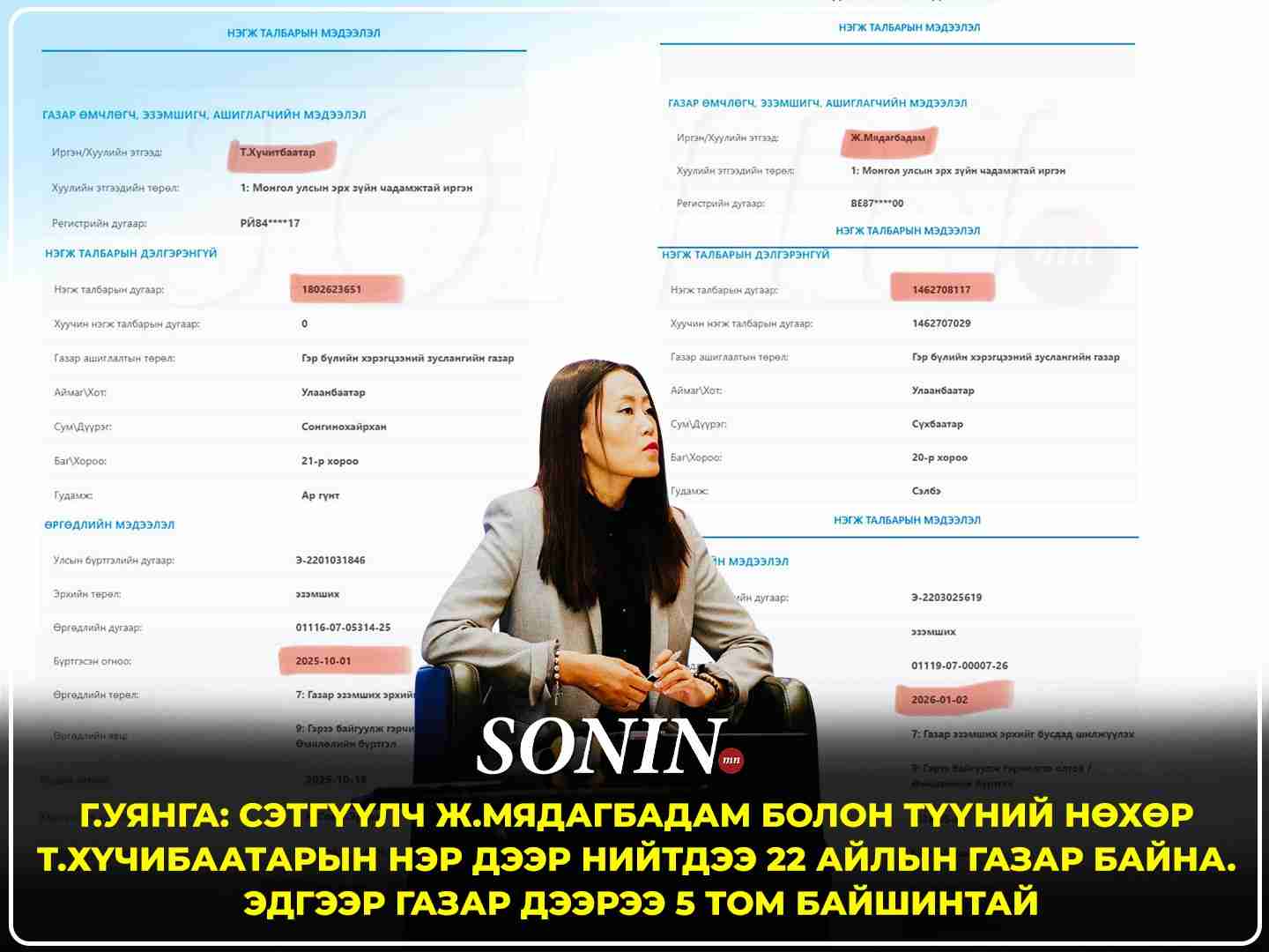 Г.Уянга: Сэтгүүлч Ж.Мядагбадам болон түүний нөхөр Т.Хүчитбаатарын нэр дээр нийтдээ 22 айлын газартай дүйцэх хэмжээний газар байна. Эдгээр газар дээр 5 том байшин байна